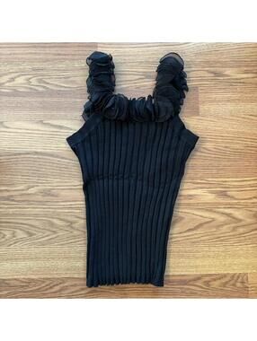 Vintage Black Silk Ribbed Tank Top w/ Floral Petal Straps Size Large by Evie